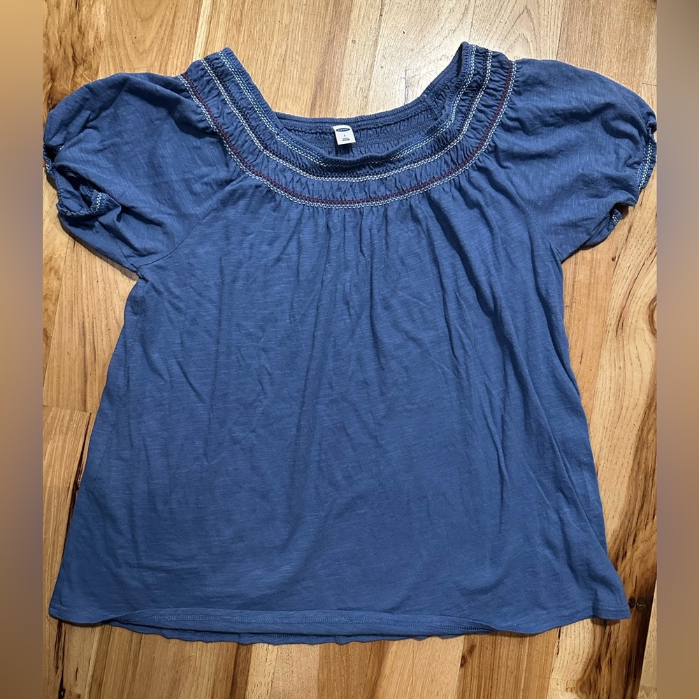 Women’s Cotton Boat Neck Embroidered Edges Short Sleeve Loose Shirt Blue Large